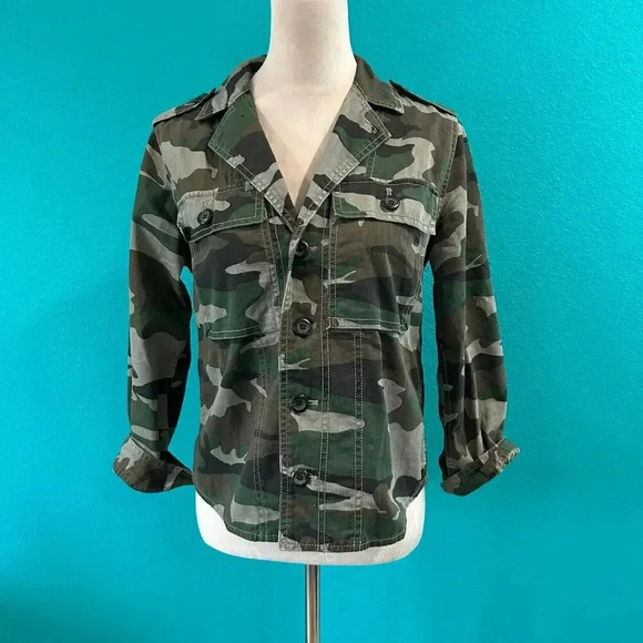 J. Crew Green Camo Camouflage Military Canvas Shirt Pocket Utility Jacket Sz XS - Picture 2 of 5